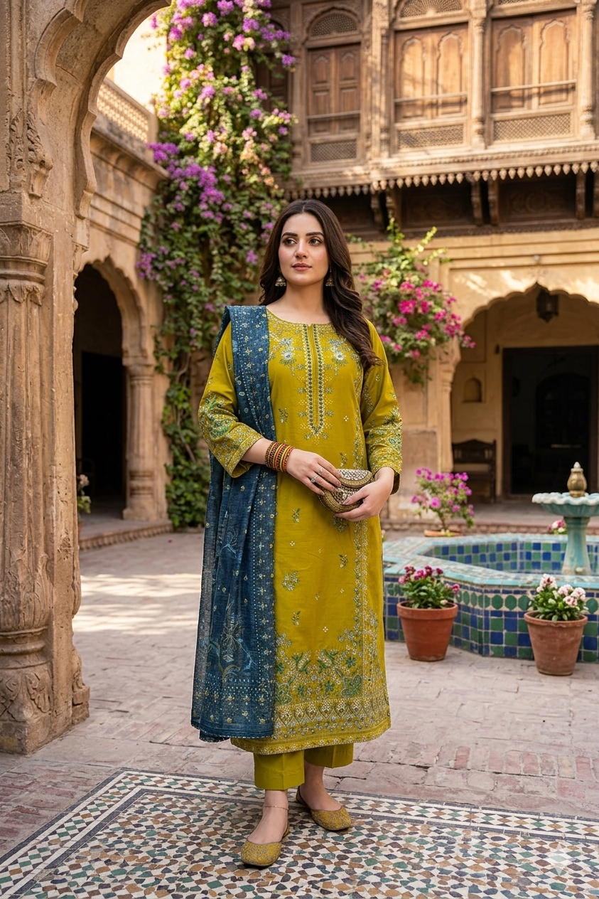 Zara Mustard 3PC Stitched